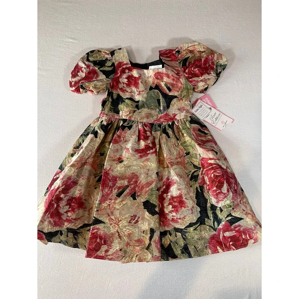 Rare Editions Girls Red Gold Floral Brocade Puff Sleeve Party Dress 6X New